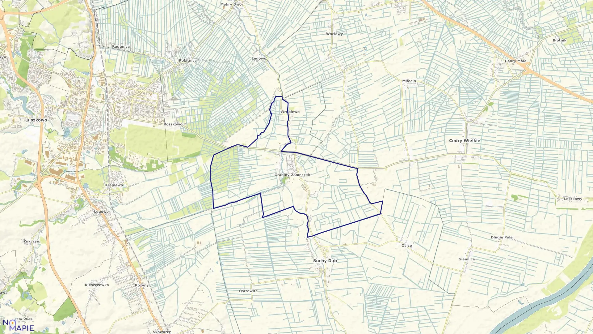 Mapa obrębu Grabiny Zameczek w gminie Suchy Dąb